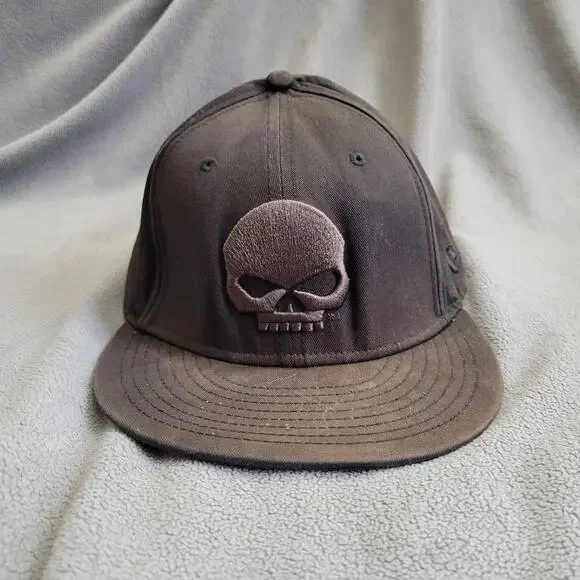 HARLEY DAVIDSON Hat Cap New Era Fitted Brown Distressed Skull Embroidered Fair - Picture 1 of 13